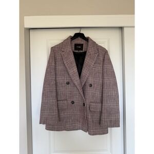 MAJE Vinone Plaid Blazer In Burgundy Size 2 Double Breasted Tweed Check‎ preppy